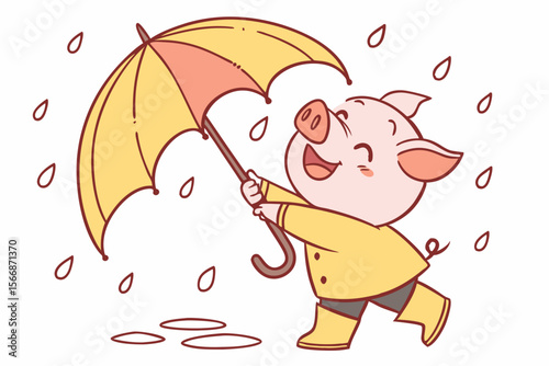 Vector cute Pig cartoon character, playing in the rain, wearing rain boots and holding an umbrella, joyful and carefree expression, raindrops and puddles, isolated on white background