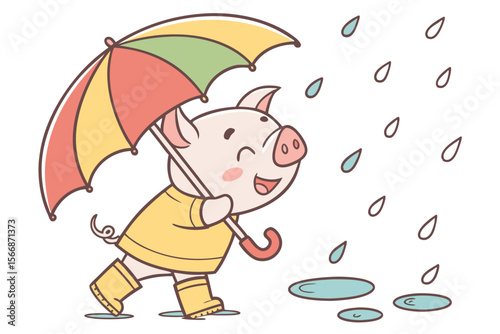 Vector cute Pig cartoon character, playing in the rain, wearing rain boots and holding an umbrella, joyful and carefree expression, raindrops and puddles, isolated on white background