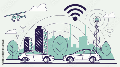Modern urban transportation network concept featuring connected autonomous vehicles communicating with smart city infrastructure and wireless technology isolated on white background