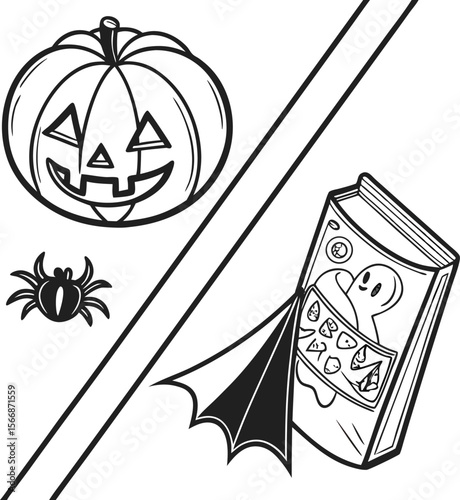 Vintage black art drawing of Halloween pumpkin and witch vector illustration design symbol