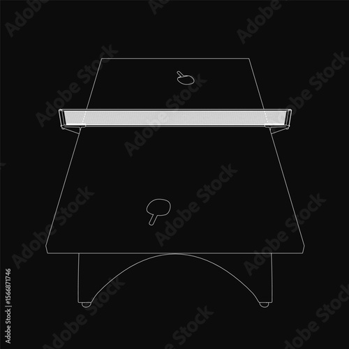 A black and white drawing of a tennis table, set against a dark, moody background. The minimalist design highlights clean lines and stark contrast.