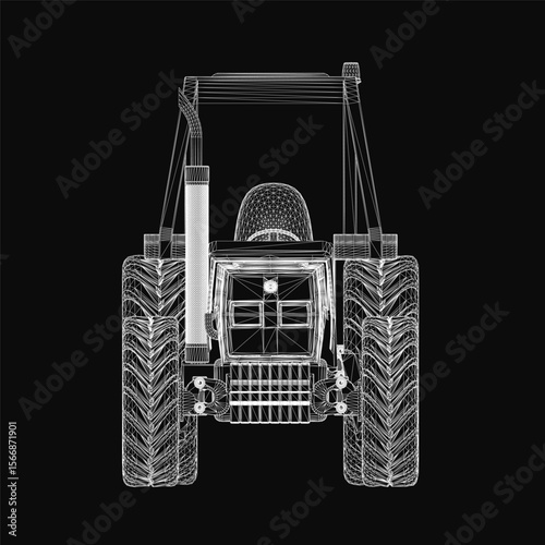 A black and white wireframe tractor illustration on a dark background features detailed headlights, a textured grille, and defined wheels. The minimalist design highlights mechanical precision.