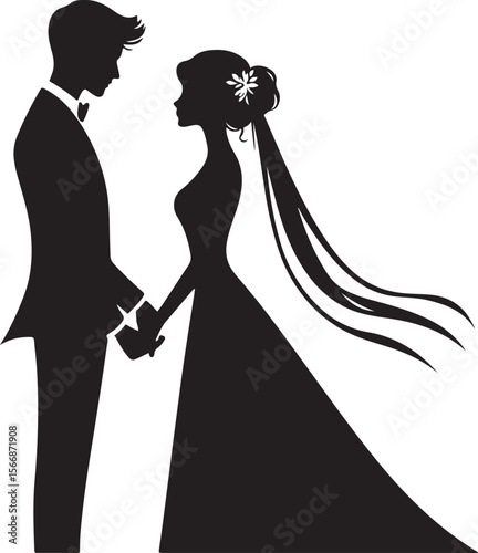 Elegant Silhouette of a Bride and Groom Holding Hands on Their Wedding Day