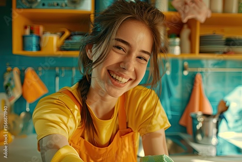 Vibrant Color Visual of Young Woman Having Fun While Cleaning Home