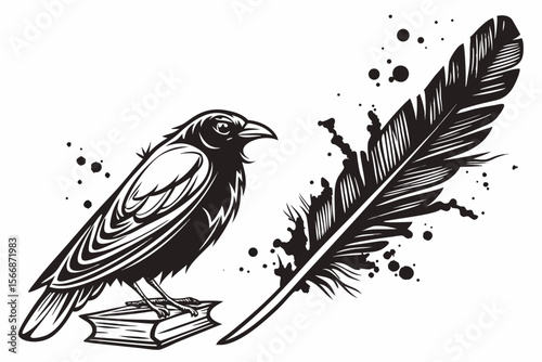 Raven perched on book with quill pen and ink splatters bird