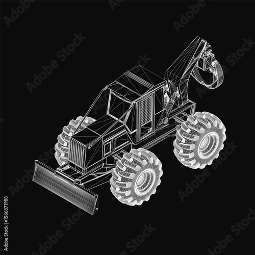A detailed 3D model of a bulldozer tractor with intricate blueprint lines and curves, showcasing realistic mechanical design on a black background. The model highlights precision engineering.