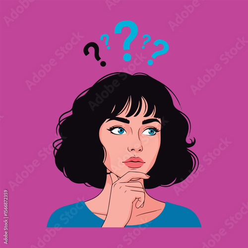 Woman with Question Marks - Thinking Concept.
