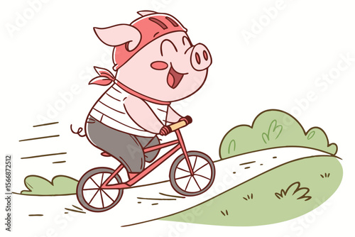 Vector cute Pig cartoon character, riding a bicycle, happy and energetic expression, park path hint, dynamic movement, isolated on white background
