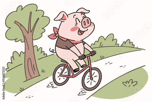 Vector cute Pig cartoon character, riding a bicycle, happy and energetic expression, park path hint, dynamic movement, isolated on white background
