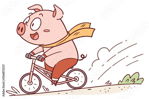 Vector cute Pig cartoon character, riding a bicycle, happy and energetic expression, park path hint, dynamic movement, isolated on white background