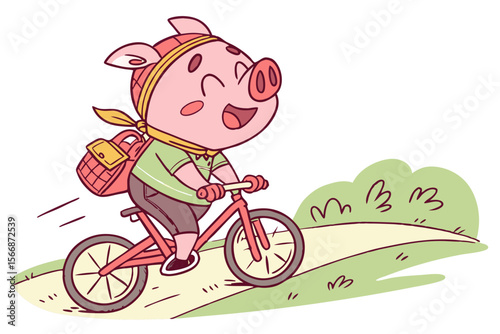 Vector cute Pig cartoon character, riding a bicycle, happy and energetic expression, park path hint, dynamic movement, isolated on white background