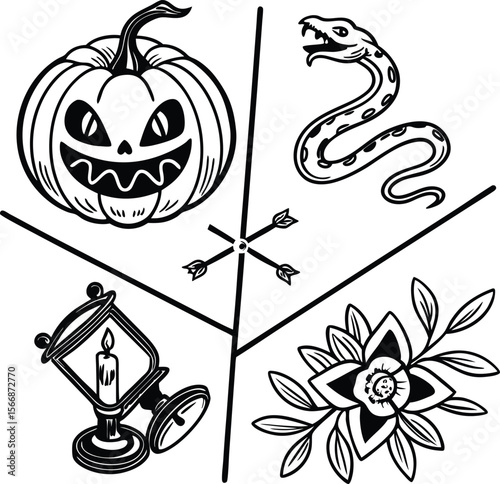 Here's a concise description for your image:

Halloween pumpkin set illustration with spooky bats, black cats, and autumn elements, perfect for holiday designs