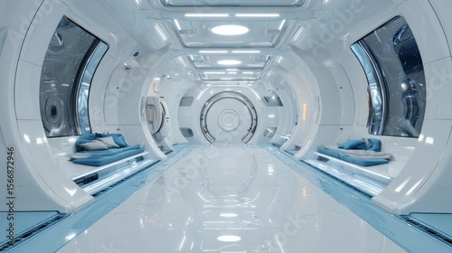 Fototapeta Naklejka Na Ścianę i Meble -  Stunning photo of futuristic spaceship interior with a white and blue color theme. The corridor has large windows on the sides, and there is a round door at each corner leading.