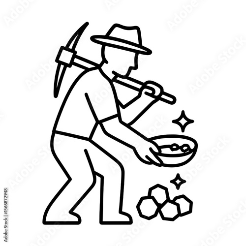 Line icon of gold rush prospector with pickaxe and gold pan discovering nuggets