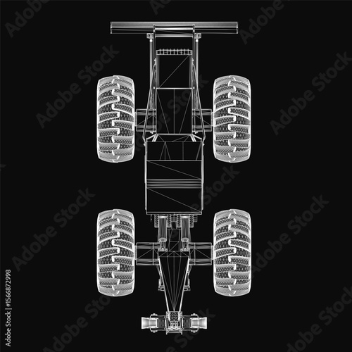3D model of a modern tractor with detailed mechanical components, highlighting its robust structure and clean design. The black background emphasizes the vehicle strong lines and functional. Top view