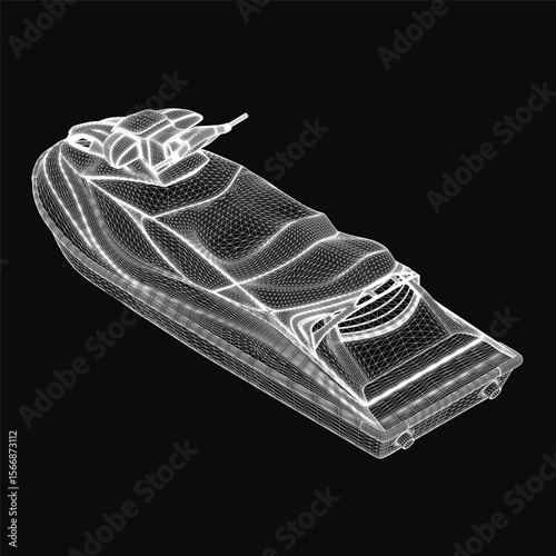 A sleek white 3D jet ski model stands out against a black background, showcasing modern design and dynamic water sport appeal. The clean rendering highlights smooth curves and aerodynamic details.