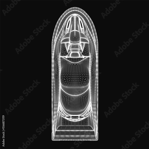 A sleek black and white jet ski illustration with crisp white outlines stands against a dark background, emphasizing speed and motion through minimalist design.