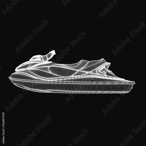 A sleek black and white jet ski drawing features crisp white outlines against a dark background, emphasizing its dynamic shape and motion. The minimalist side view highlights the water scooter's.