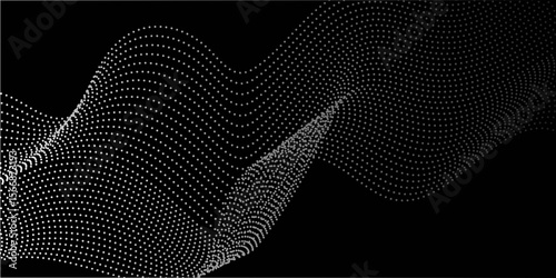 Abstract dot wave line with moving particles on dark background . Medium banner size. Element for design. Dynamic particle waves in a halftone gradient create a flowing dot curve on a black Background