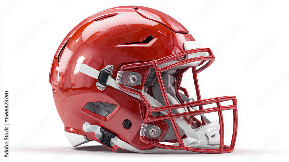Fototapeta premium Vibrant red football helmet standing firmly on a bright white surface
