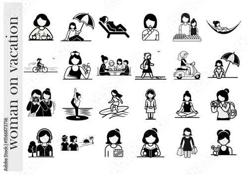 Collection of women enjoying various vacation activities, dynamic illustrations, travel and leisure theme, copy space