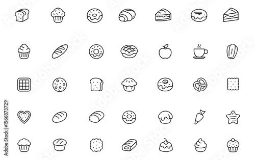 Bakery & Pastry Icon Set – Vector Illustrations for Cakes, Bread, Muffins, Donuts, Croissants & More | Ideal for Food Blogs, Desserts, Baking, Cafes & Sweet Designs