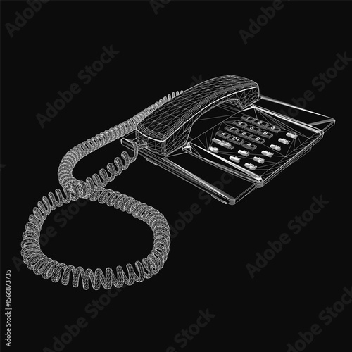 A wired telephone 3D model in wireframe style stands out against a black background. The detailed mesh structure creates a realistic and modern aesthetic.