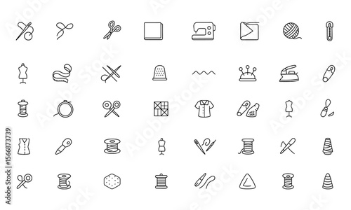 Craft Sewing Icon Set Vector | Tailoring Tools with Adjustable Line Weight | Needle, Thread, Scissors, Fabric, Sewing Machine, Buttons, Yarn, Zipper, Measuring Tape, Fashion, Hobby