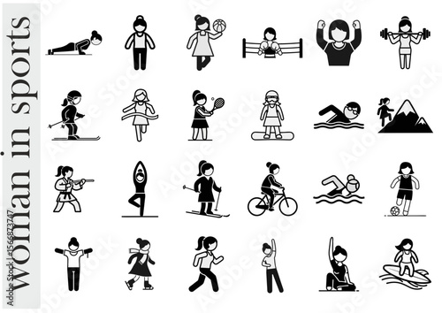 Collection of women engaging in various sports activities, dynamic illustrations, fitness and wellness theme, copy space