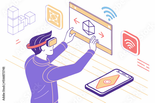 Person interacting with virtual reality headset and digital interface augmented reality