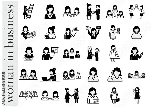 Collection of women in various business roles and activities, dynamic illustrations, professional empowerment theme, copy space 