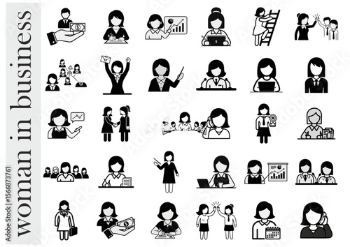 Collection of women in diverse business scenarios, dynamic illustrations, professional empowerment and career theme, copy space