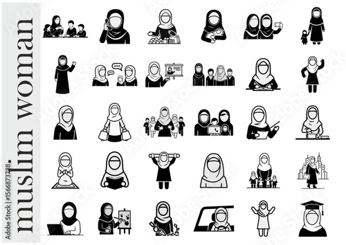 Illustrations of Muslim women in various roles and activities, celebrating diversity and empowerment, dynamic visuals, copy space