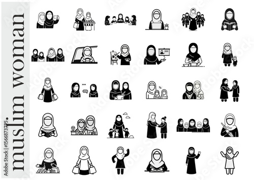 Illustrations of Muslim women in everyday situations and diverse roles, highlighting empowerment and cultural identity, dynamic visuals, copy space