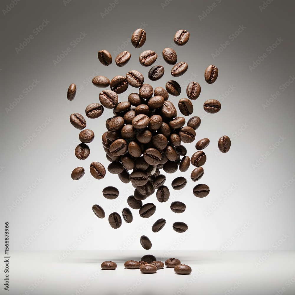 Obraz premium Hyper-realistic coffee beans falling on white background, detailed texture