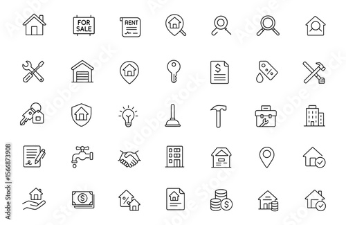 Property and Real Estate Vector Icon Set | Adjustable Line Weight | Home, Rent, Sale, Mortgage, Inspection, Contract, Repair, Garage, Location, Key, Bill Icons, Housing
