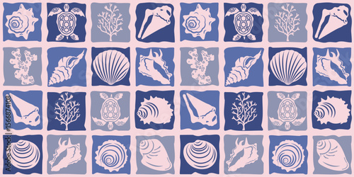 Seamless marine pattern with silhouettes of shells and corals in a mosaic style. Ornament for decorating various products.