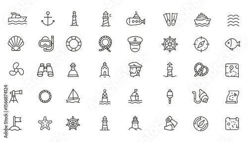 Nautical Exploration Vector Icon Set | Adjustable Line Weight | Marine Cruise, Sailing, Submarine, Lighthouse, Anchor, Compass, Boat, Diving, Ocean Travel, Flippers, Navigation Icons