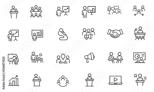 Conference Icon Set Vector | Speaker, Podium, Presentation, Networking, Seminar, Meeting, Panel, Mic, Talk, Audience, Chart, Projector | Adjustable Line Weight, Leadership, Workshop