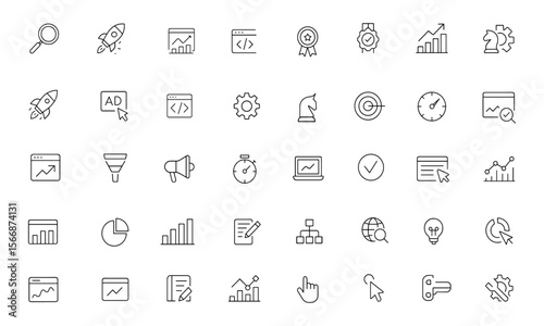 Marketing and SEO Vector Icon Set | Adjustable Line Weight | Keywords, Analytics, Growth, Traffic, Ranking, Strategy, Optimization, Search, Rocket, Target, Results, Digital Tools