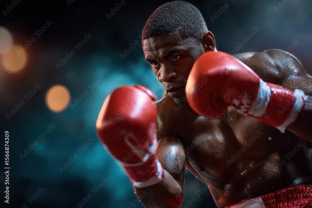 Competitive boxer prepares for a powerful punch under dramatic lighting in a training environment Competitive boxer prepares for a powerful punch under dramatic lighting in a training environment