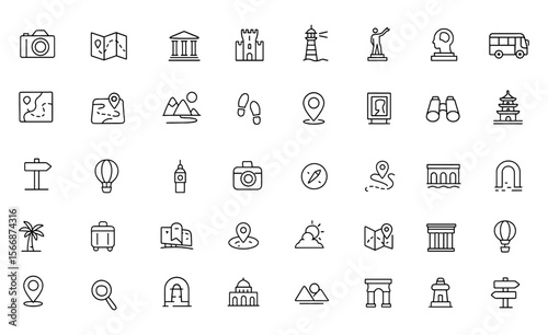 Adventure Travel Vector Icon Set | Sightseeing Trip Icons | Adjustable Line Weight | Camera, Map, Monument, Museum, Castle, Compass, Lighthouse, Statue, Binoculars, Bus