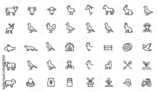 Farm Animals Livestock Vector Icon Set | Adjustable Line Weight | Poultry, Cattle, Sheep, Goat, Horse, Pig, Rabbit, Duck & Wildlife Agriculture Rural Life Icons, Sustainable Farming