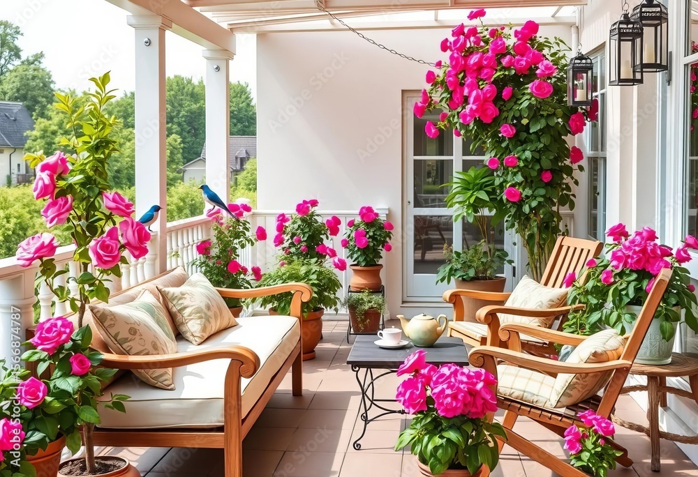 Fototapeta premium Relaxing terrace patio scene with cushioned sofa, wooden chairs, blooming roses, potted plants, teapot, lanterns, and birds, wooden, furniture