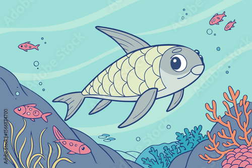 Cartoon fish swimming in ocean with coral underwater marine life