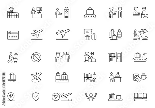 Airport Terminal Services Icon Set Vector | Adjustable Line Weight | Boarding, Check-in, Security, Passport Control, Baggage Claim, Customs, Flight Info, Travel, Airline, Transportation