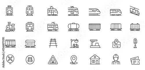 Railroad and rail transportation icon set with adjustable line weight, featuring train, subway, monorail, locomotive, freight, passenger, cargo, high-speed, vector, outline, travel, network