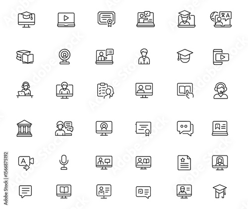 Virtual Education Icon Set for Online Learning, eLearning, Webinar & Certification | Adjustable Line Weight | Training, Remote Study, Digital Classroom, Graduation, Language Course