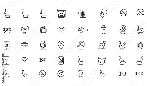 Airplane Cabin Vector Icon Set with Adjustable Line Weight — Seats, Lavatory, Oxygen Mask, Emergency Exit, Overhead Bin, No Smoking, Mobile, Flight Safety, Airlines, Travel
