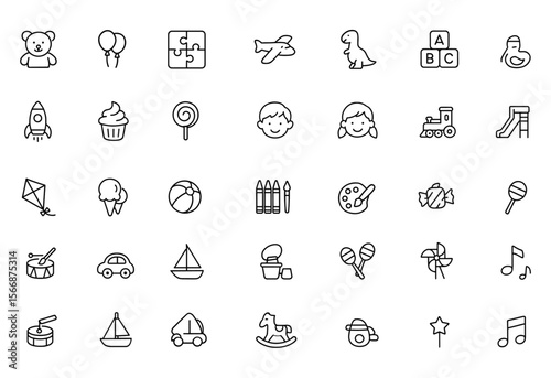 Kids Toys Vector Icon Set with Adjustable Line Weight – Includes Teddy Bear, Airplane, Dinosaur, Puzzle, Rocket, Lollipop, Rocking Horse, Birthday, Childhood Playtime, Educational Fun